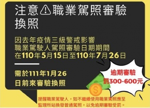 職業駕駛人請注意!審驗應於疫情三級解除後6個月內辦理-高雄汽車借款推高信